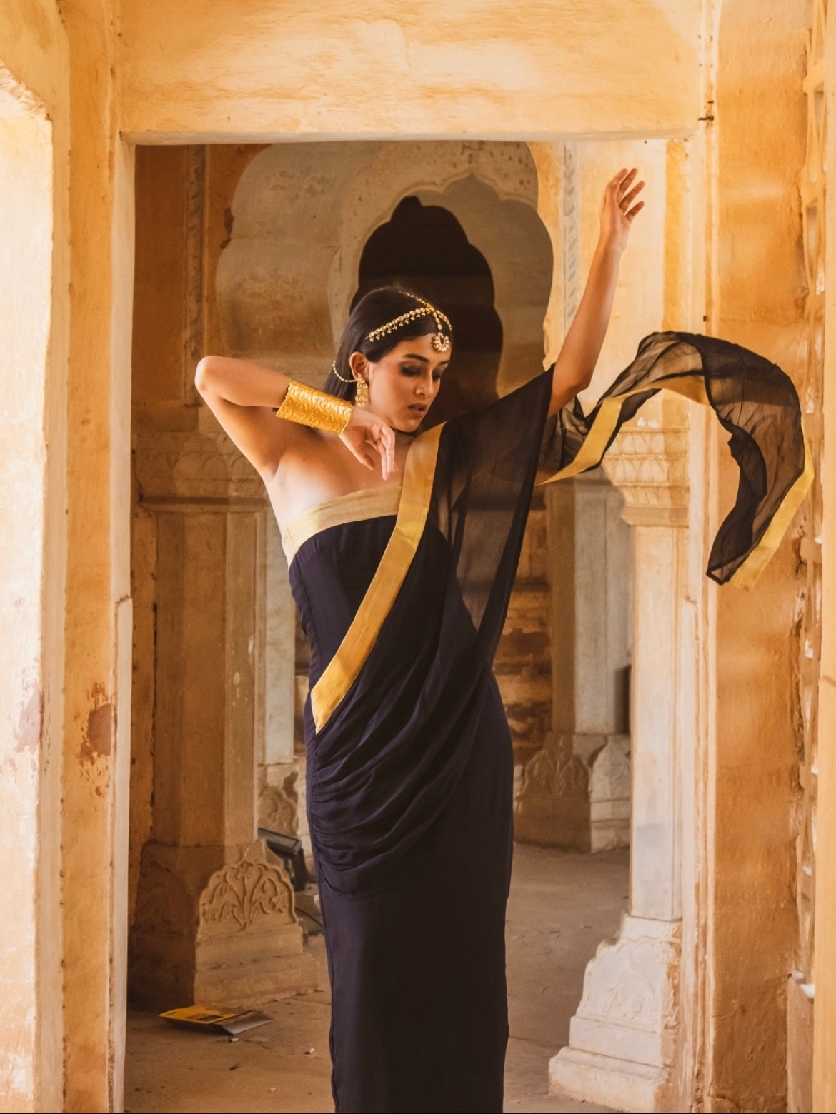 modern saree, saree, black, long, social conscious, elegance, elegant, diwali, om chandra om, oco, indian, modern ethnic wear, modern women