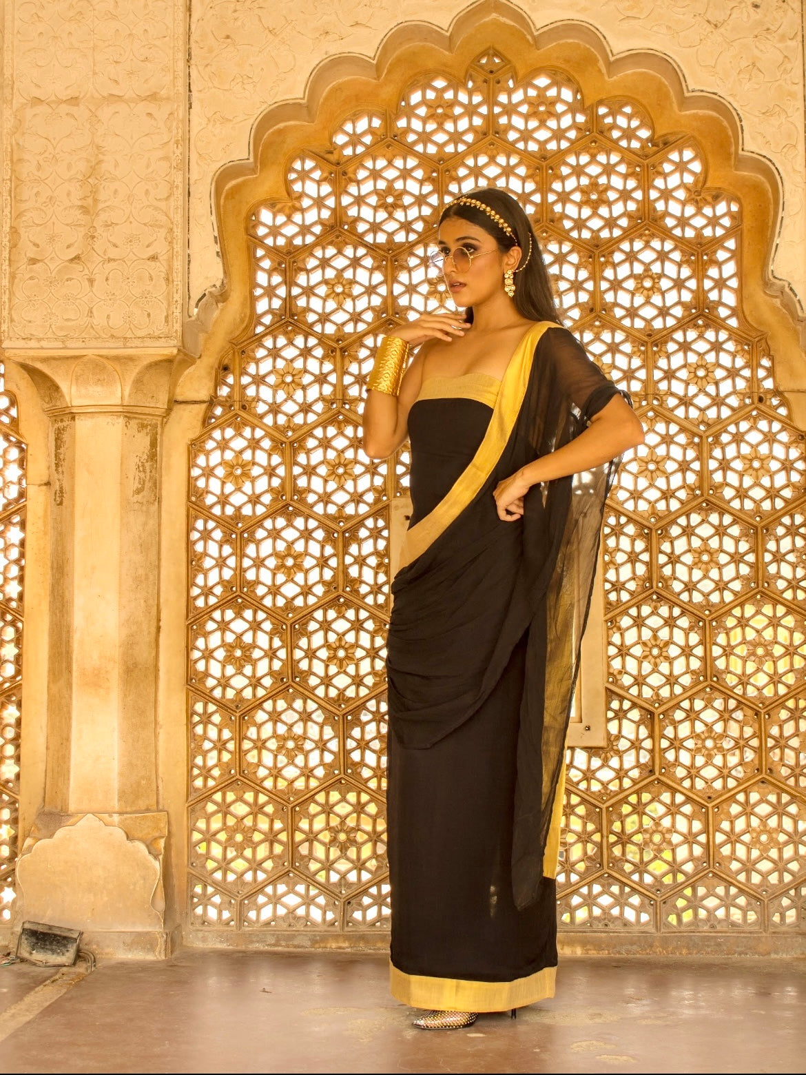 modern saree, saree, black, long, social conscious, elegance, elegant, diwali, om chandra om, oco, indian, modern ethnic wear, modern women