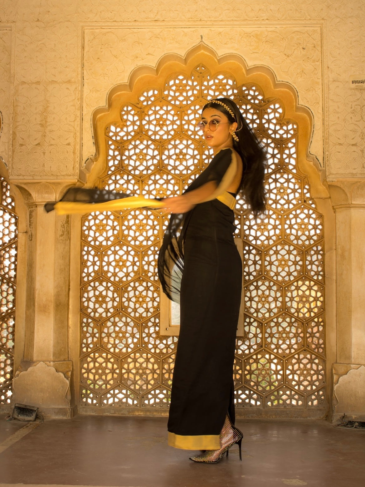 modern saree, saree, black, long, social conscious, elegance, elegant, diwali, om chandra om, oco, indian, modern ethnic wear, modern women