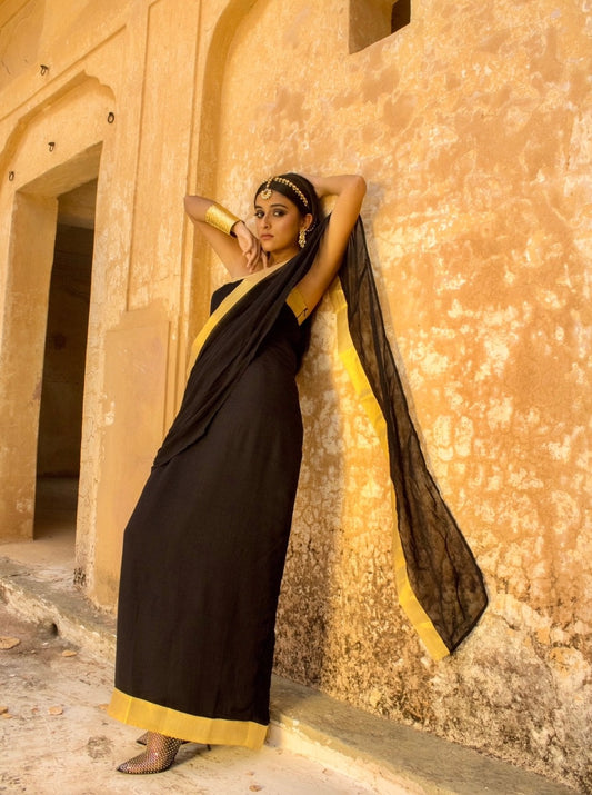 modern saree, saree, black, long, social conscious, elegance, elegant, diwali, om chandra om, oco, indian, modern ethnic wear, modern women