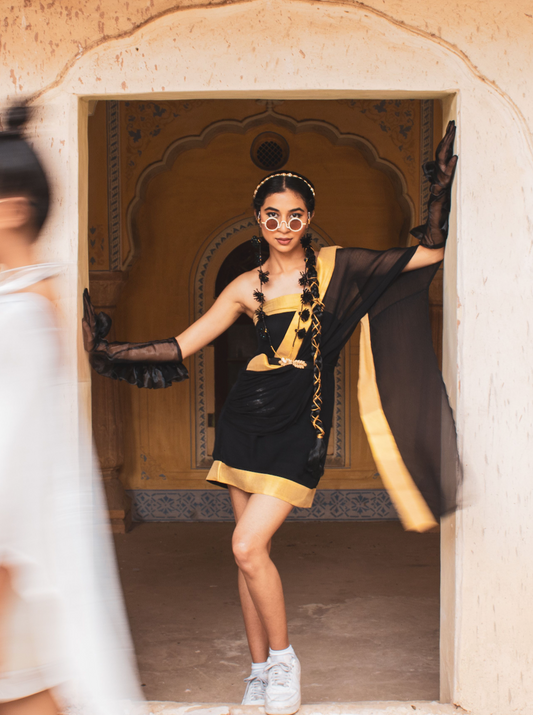 short saree, short, sarees, india, modern sarees, modern ethnic wear, black, white , social conscious , bollywood,